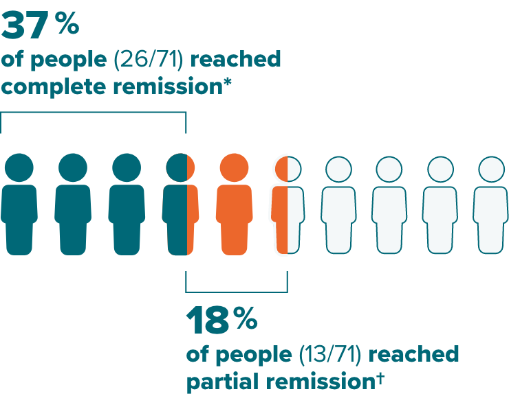 A total of 55% reached remission at 1 year (39 out of 71). 37% of people (26/17) reached complete remission.* 18% of people (13/71) reached partial remission.